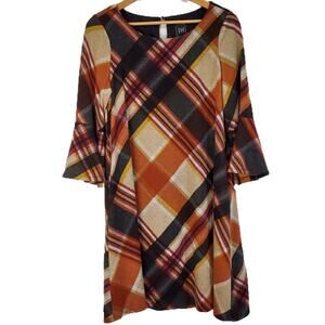 JH Brown Orange Tartan Plaid Lined 3/4 Bell Sleeve Dress Large